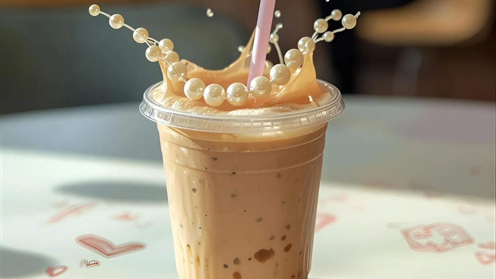 Brown sugar boba tea with pearls splashing playfully beside doodled hearts.