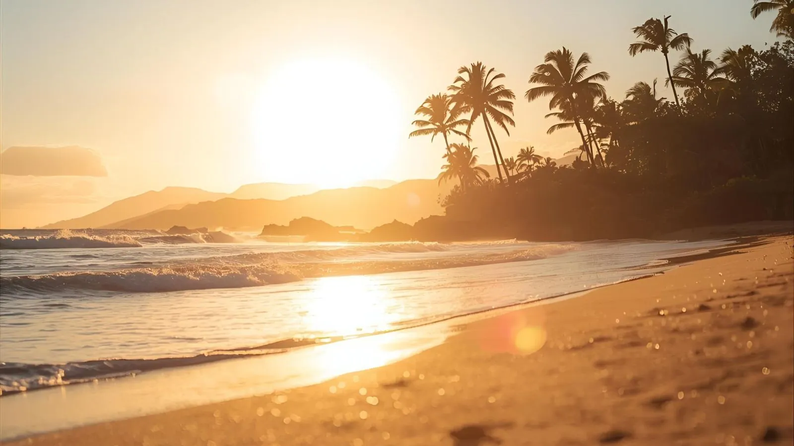 Hawai‘i beach at sunset with palms and soft waves.