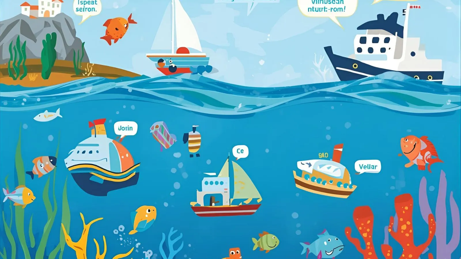 Colorful illustration of people, boats, and sea creatures sharing playful ocean-themed puns along a sunny shoreline.