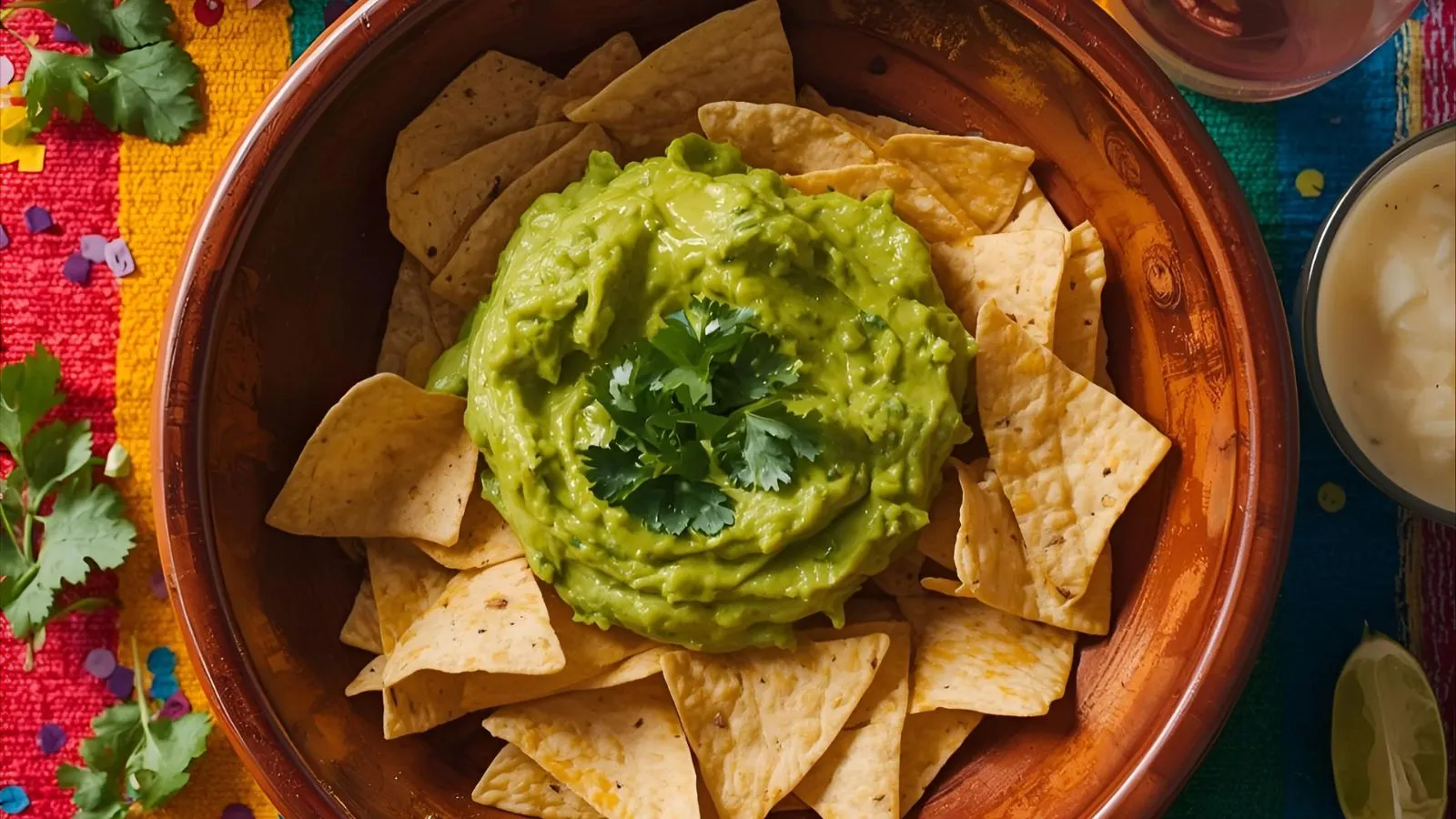 Bowl of guacamole with tortilla chips on a colorful party table.
