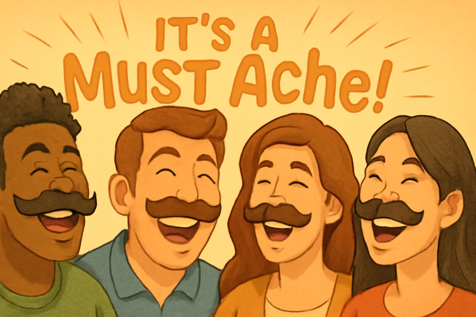 Group of smiling friends with different funny mustache styles laughing together in a bright cartoon scene.