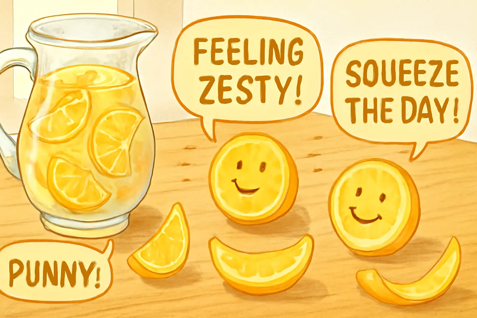 Sliced lemons and a pitcher of lemon water arranged in a playful smiley-face pattern on a sunlit table.
