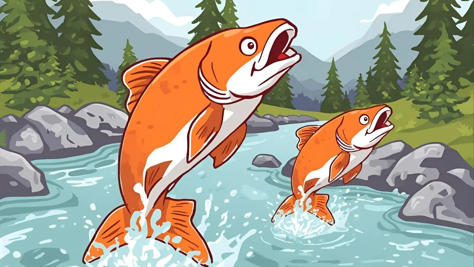“Cartoon salmon jumping upstream in a bright mountain river.”
