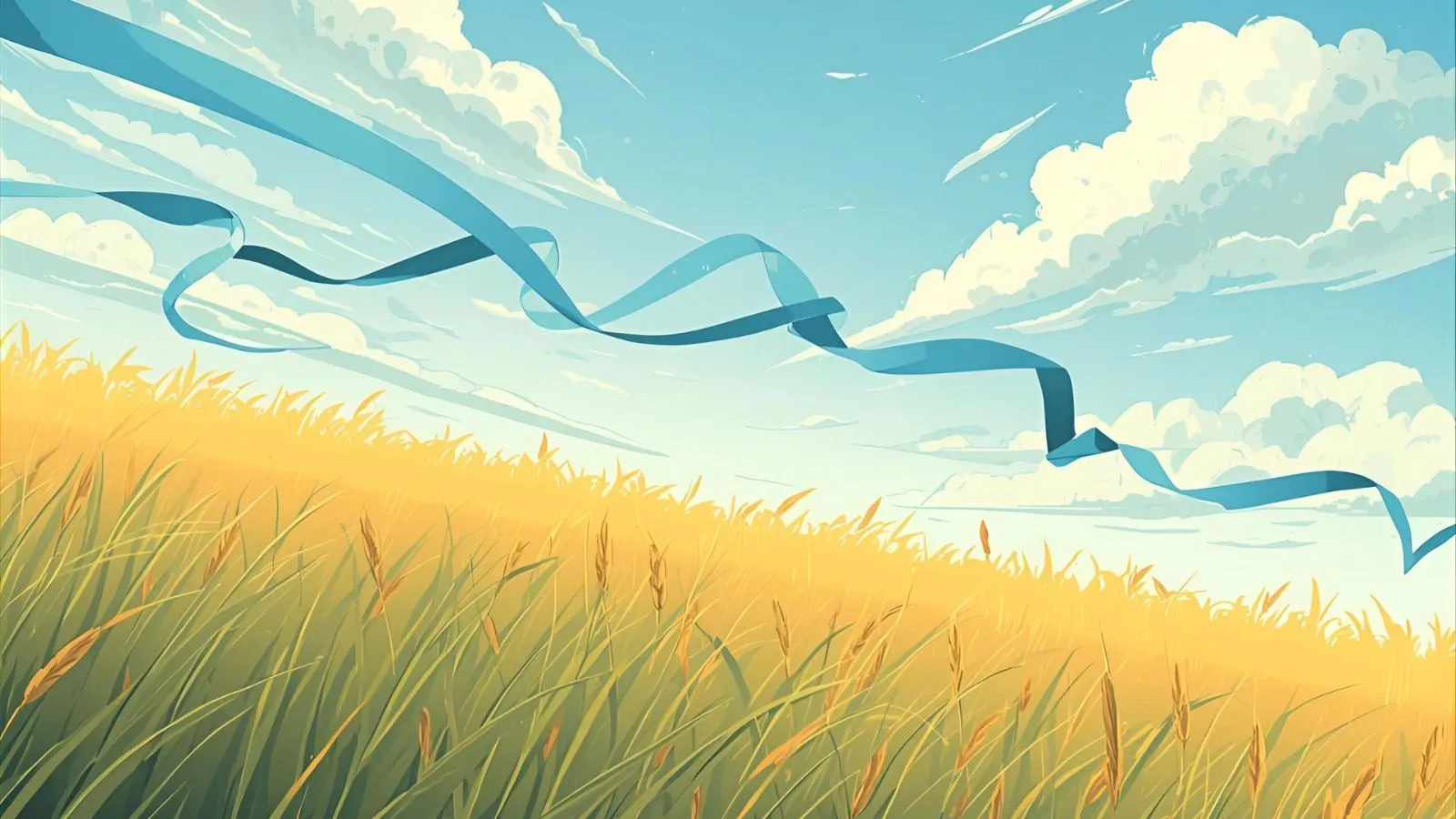 Warm golden field with grass bending in the wind and playful swirling breeze ribbons.