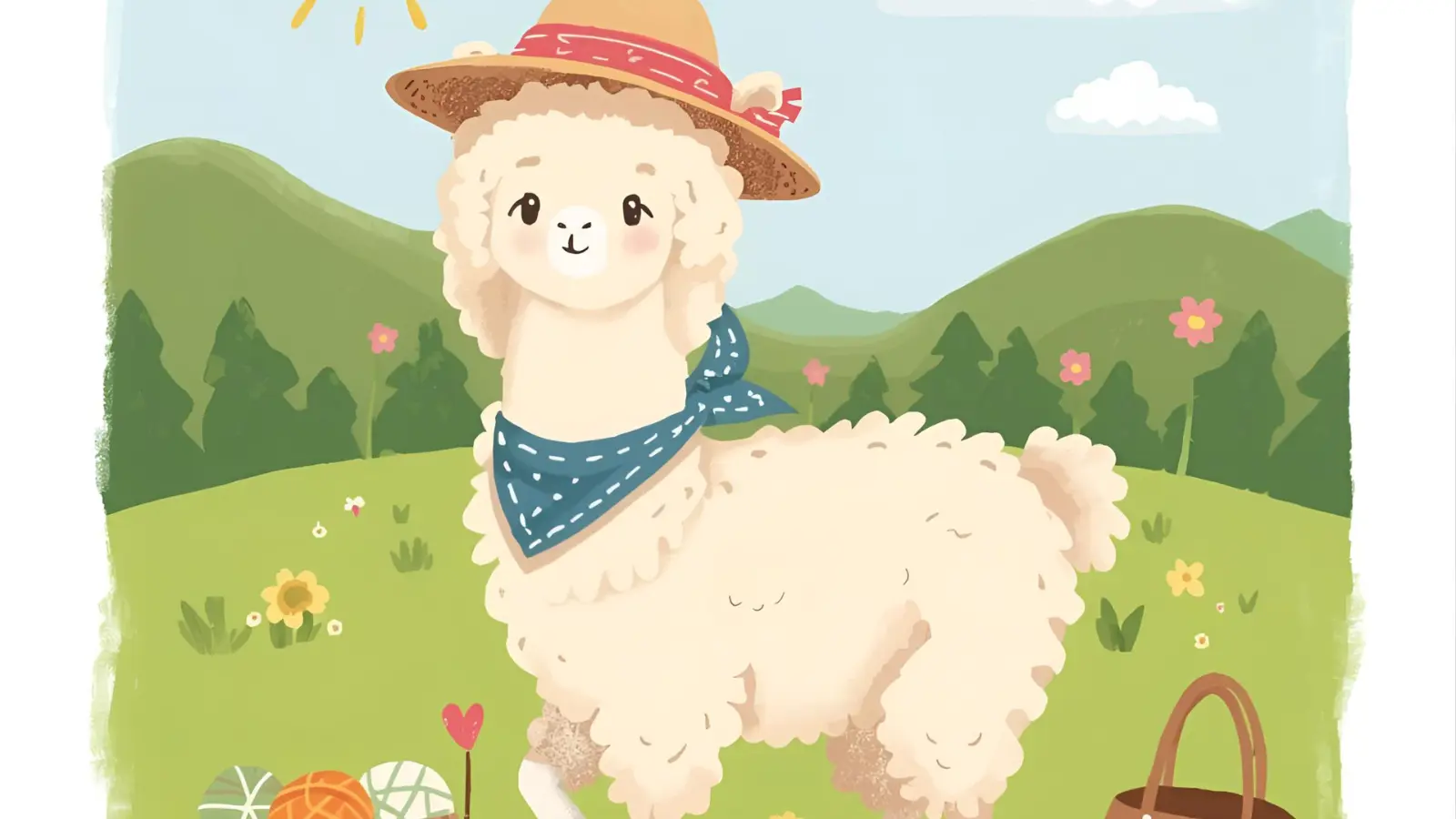 Fluffy alpaca in a sunny pasture with yarn balls and a picnic tote.