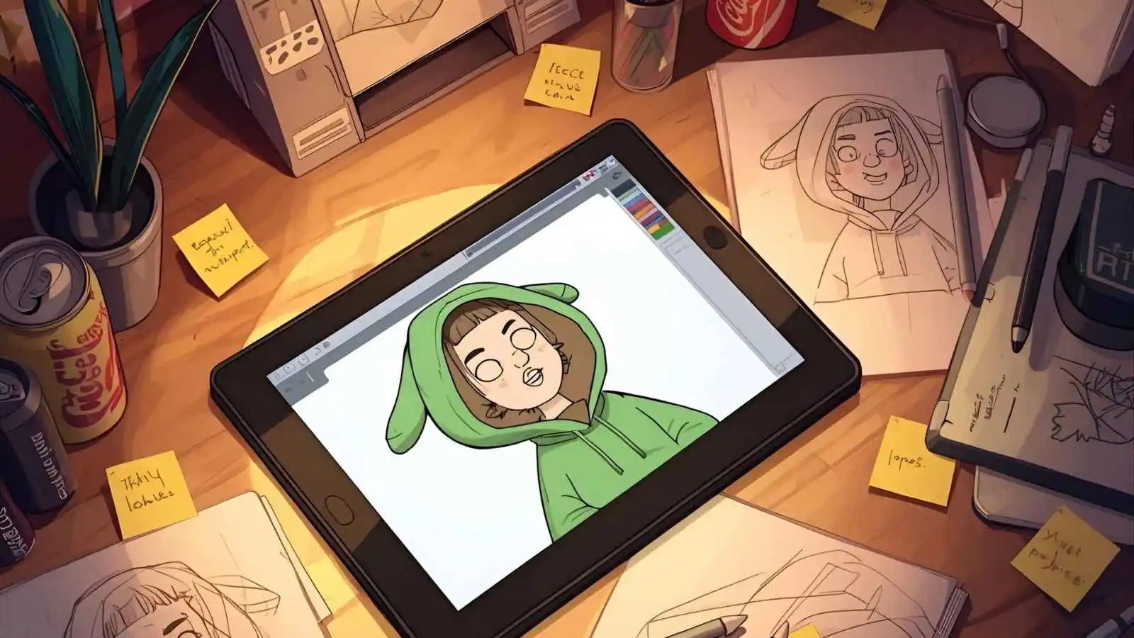Cartoonist’s desk with a tablet drawing of a green-hoodie character, cola cans, and note pages full of joke ideas.