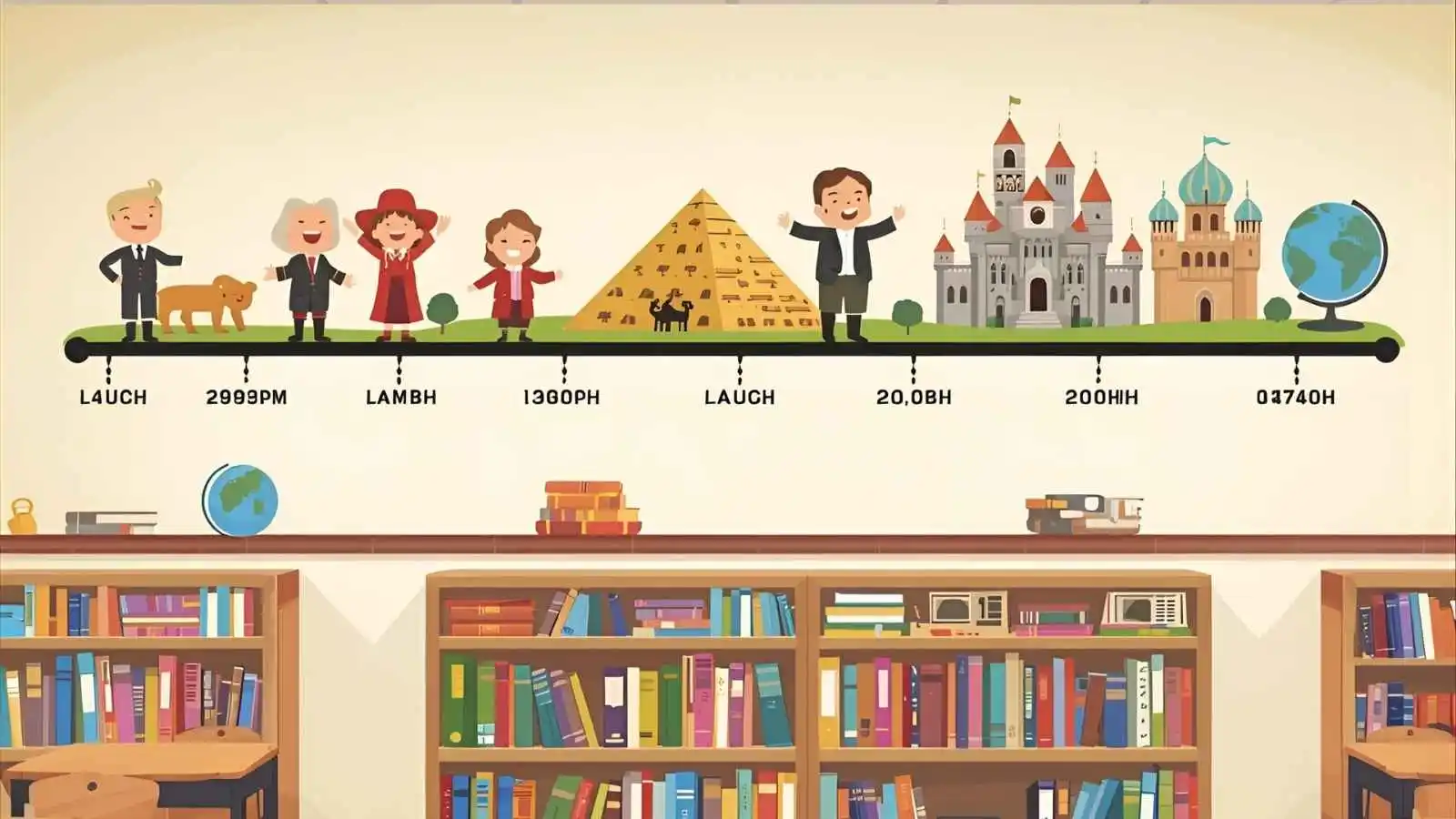 Cartoon-style classroom timeline with smiling students, books, and historical landmarks sharing jokes.