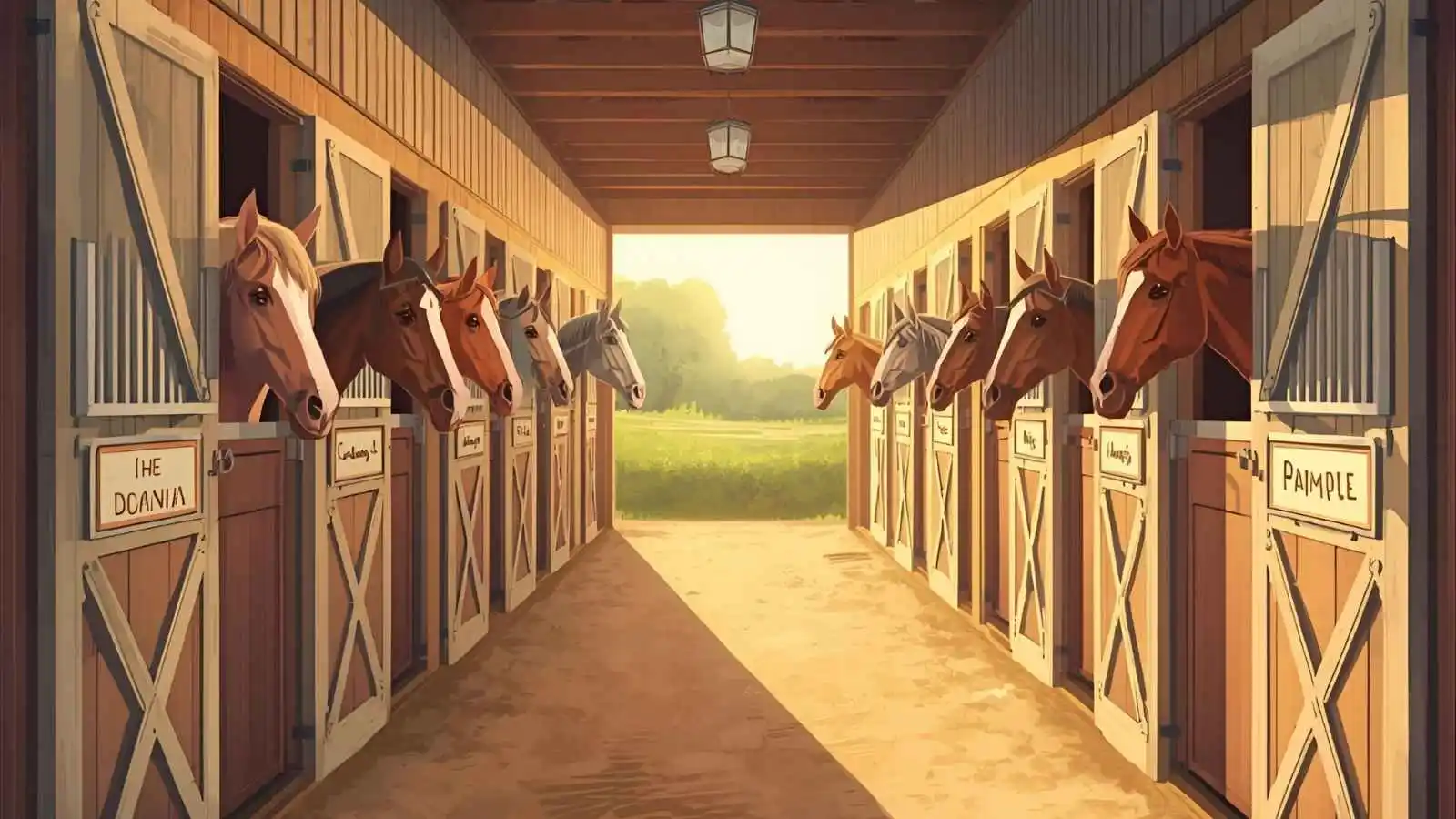 Row of horses in a sunny barn aisle with colorful, pun-themed nameplates on each stall door.