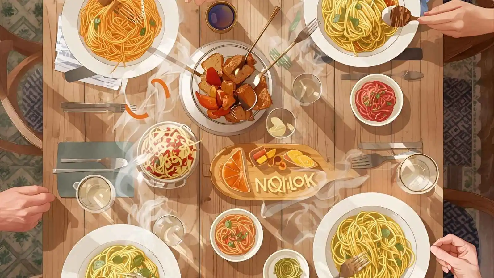 Colorful bowls of pasta on a table with noodles curling into playful shapes above them.
