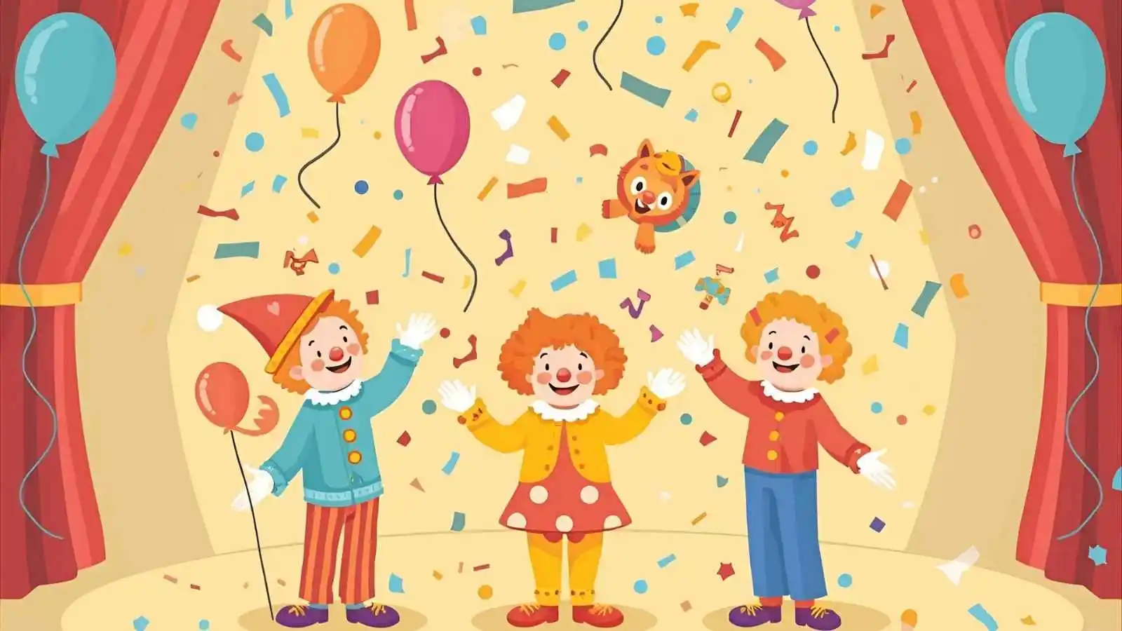 Friendly cartoon clowns performing in a circus ring with balloons, confetti, and smiling faces.